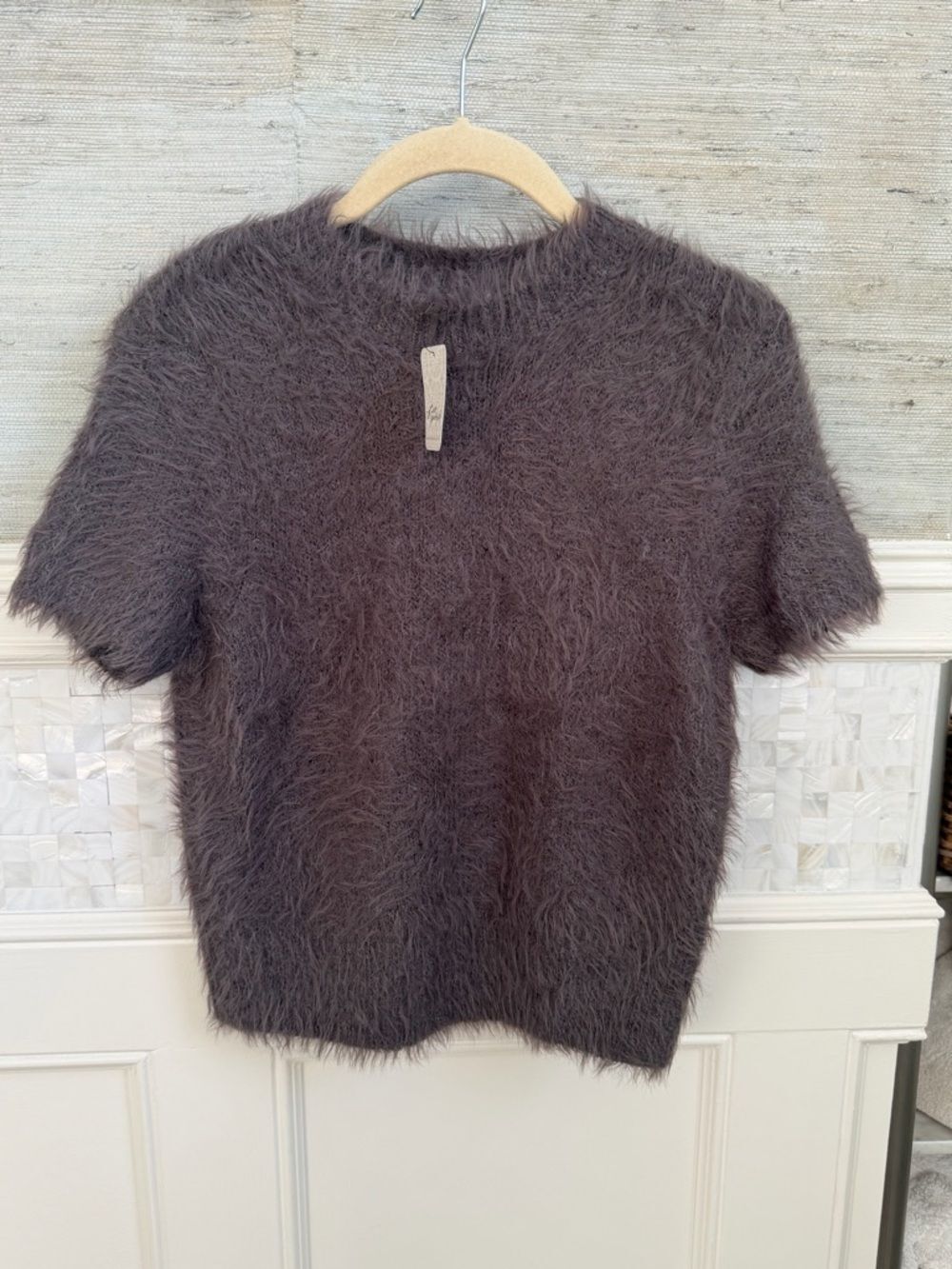 NWT new medium Free People Plush Fuzzy Short Sleeve eyelash Sweater Top gray